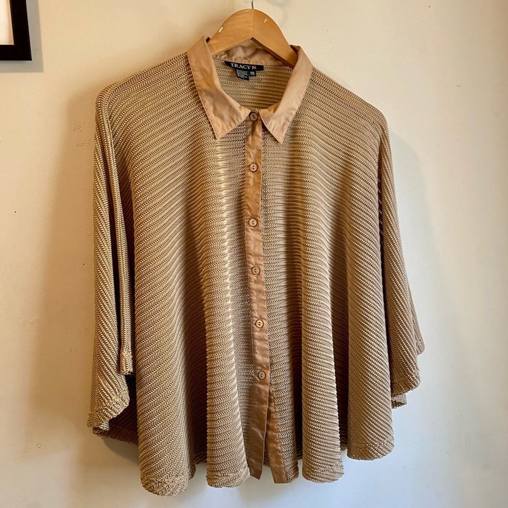 Tracy M beige / tan mesh button up collared cape blouse - one size fits